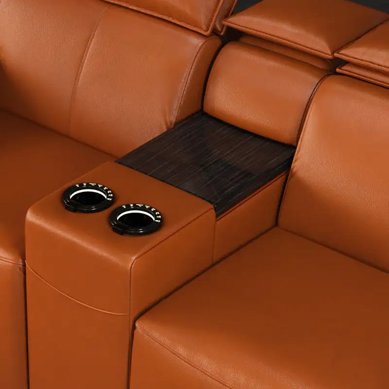 islington luxury cinema seating with leather centre console, timber panel and integrated twin cupholders