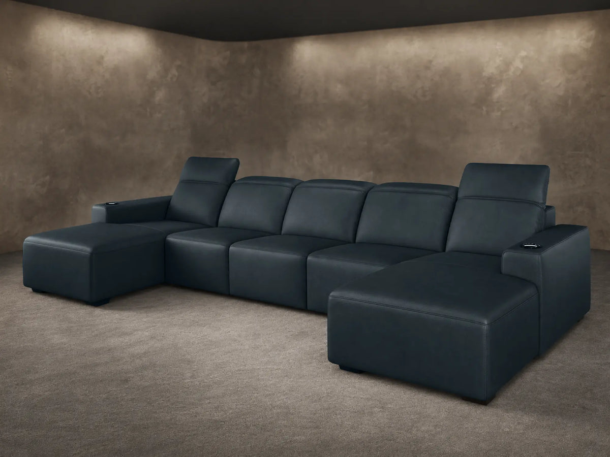 Kensington reclining cinema five seat sofa with twin chaise in Harbour Slate Dakota leather