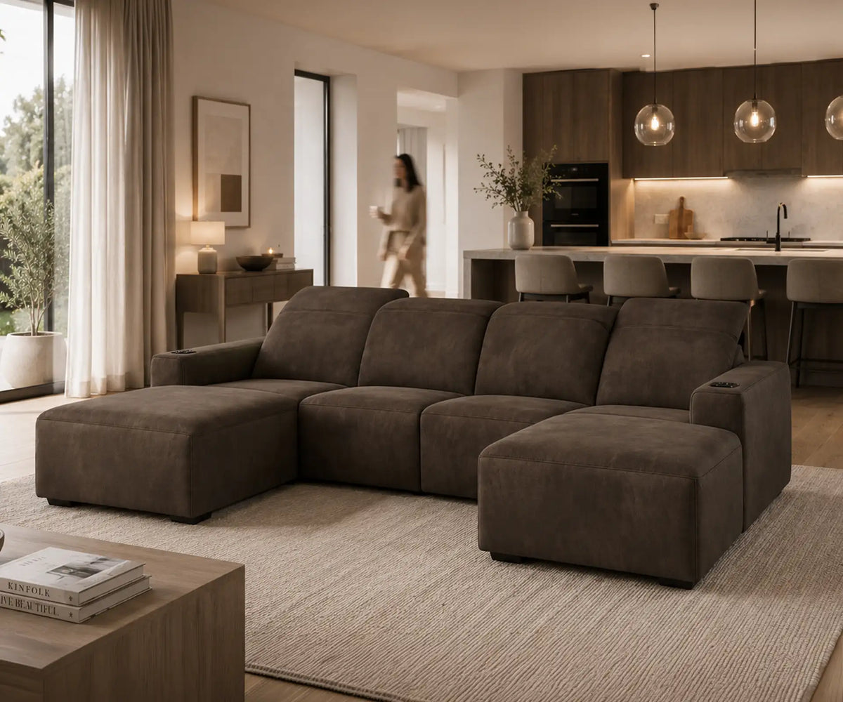 Cinema Deco Kensington cinema sofa in Dark Chocolate velvet upholstery with twin chaise ends and cup holders in an open-plan living room