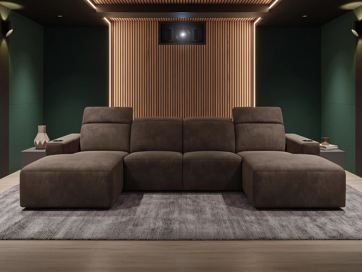 Kensington reclining cinema four seat sofa with twin chaise in Dark Chocolate velvet