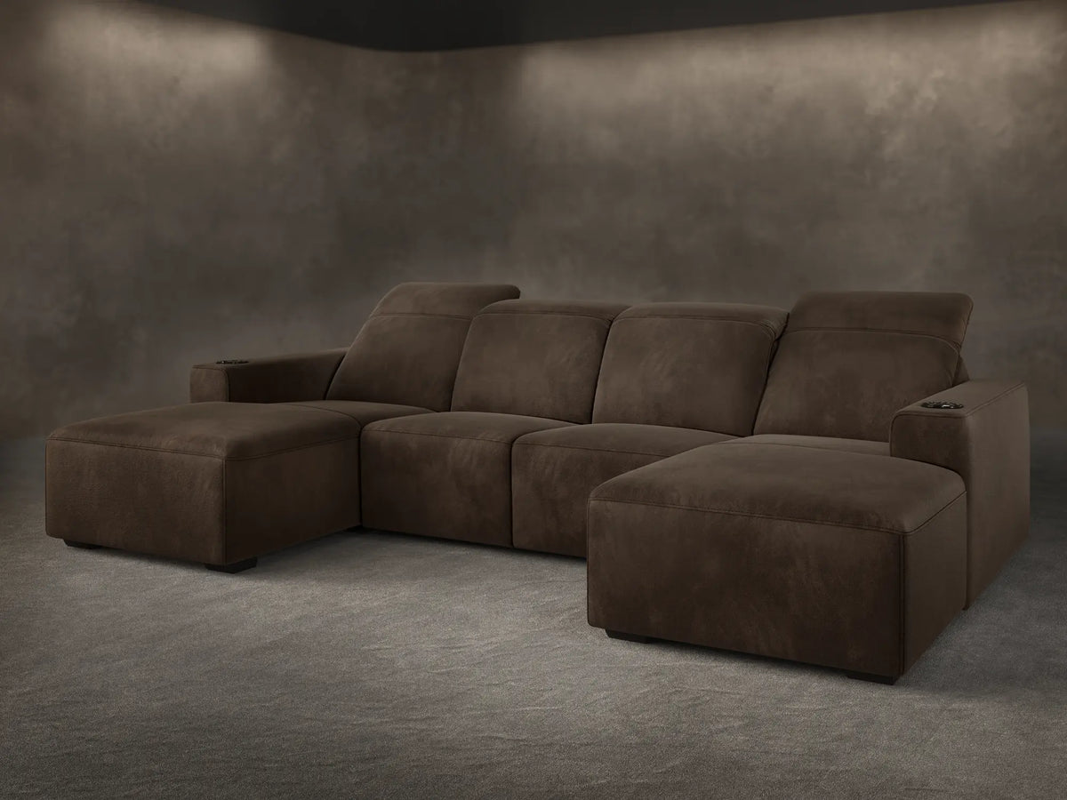 Kensington reclining cinema four seat sofa with twin chaise in Dark Chocolate velvet