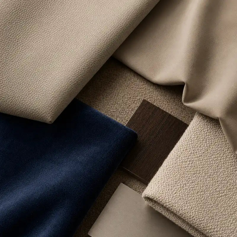 Cinema Deco luxury cinema seating material selection with leather, velvet and woven fabric upholstery samples in neutral and navy finishes