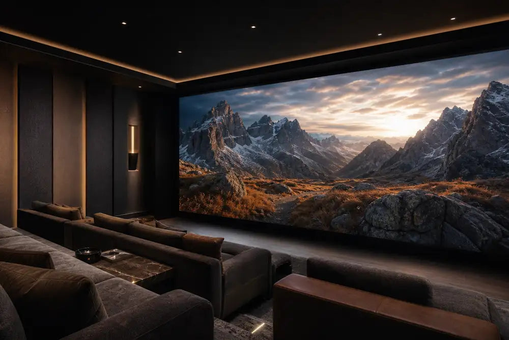 Cinema Deco MicroWall COB LED screen displaying a dramatic mountain sunrise in a luxury dedicated home cinema.