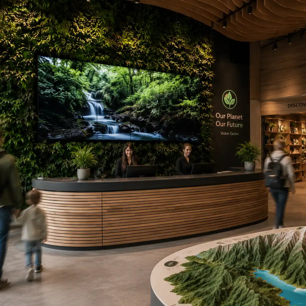 Commercial MicroLED display integrated into a visitor centre reception showing immersive nature content within a living green wall.