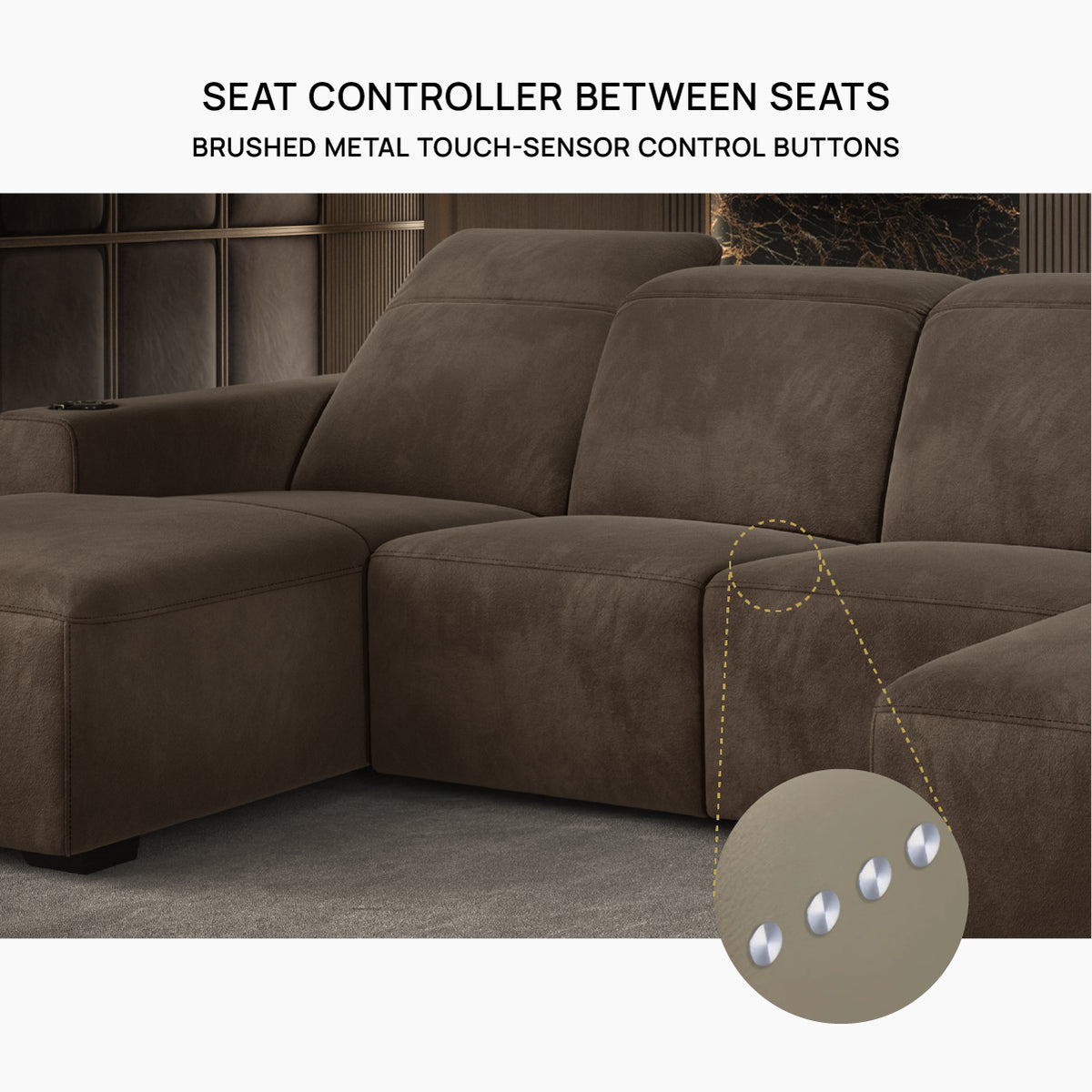 Discreet chrome seat control buttons between adjoining brown Cinema Deco cinema seats