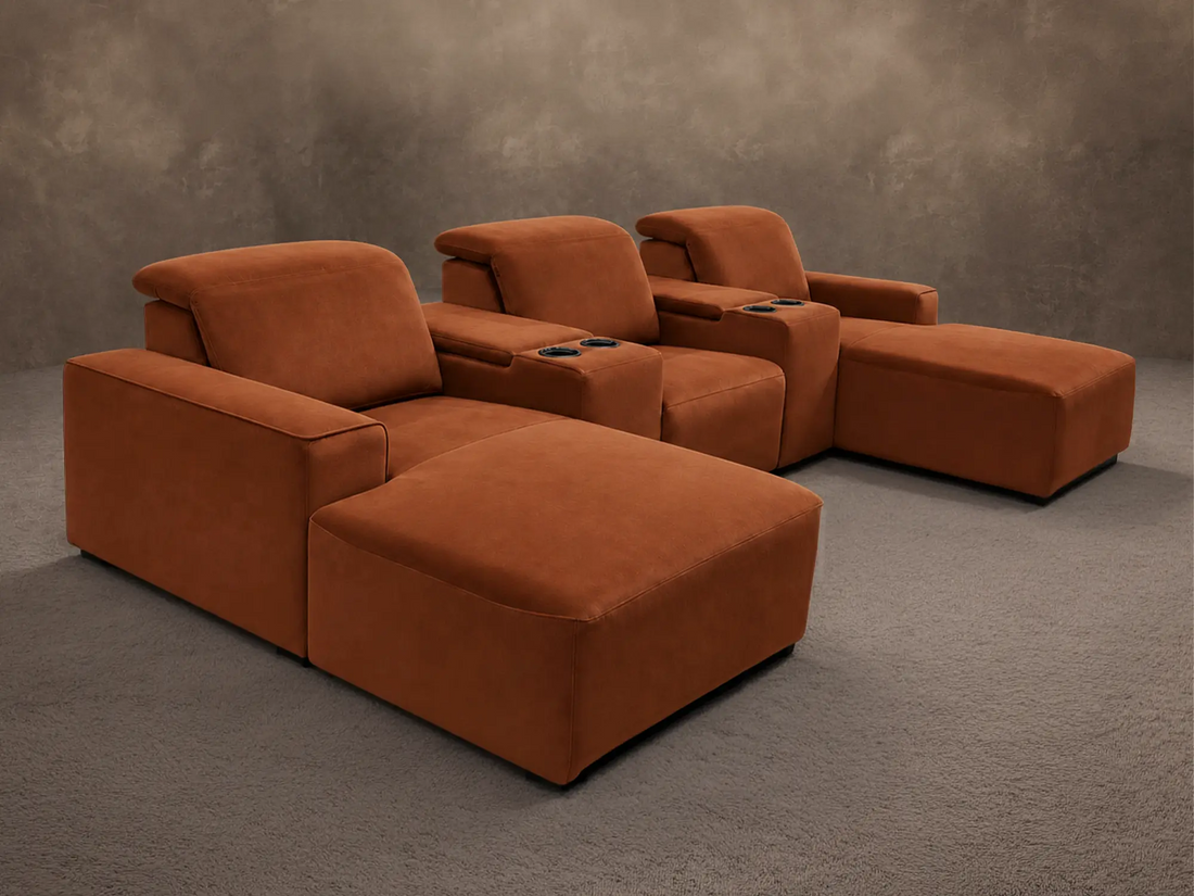 Kensington three-seat cinema recliners  with twin chaise in Terracotta velvet with Top Storage Console upgrade