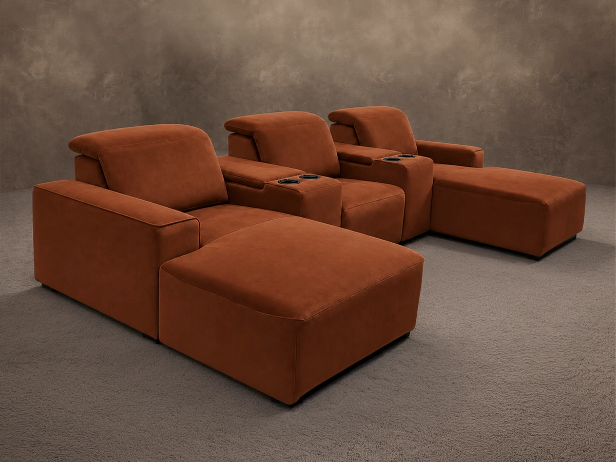 Kensington three-seat cinema recliners  with twin chaise in Terracotta velvet with Top Storage Console upgrade