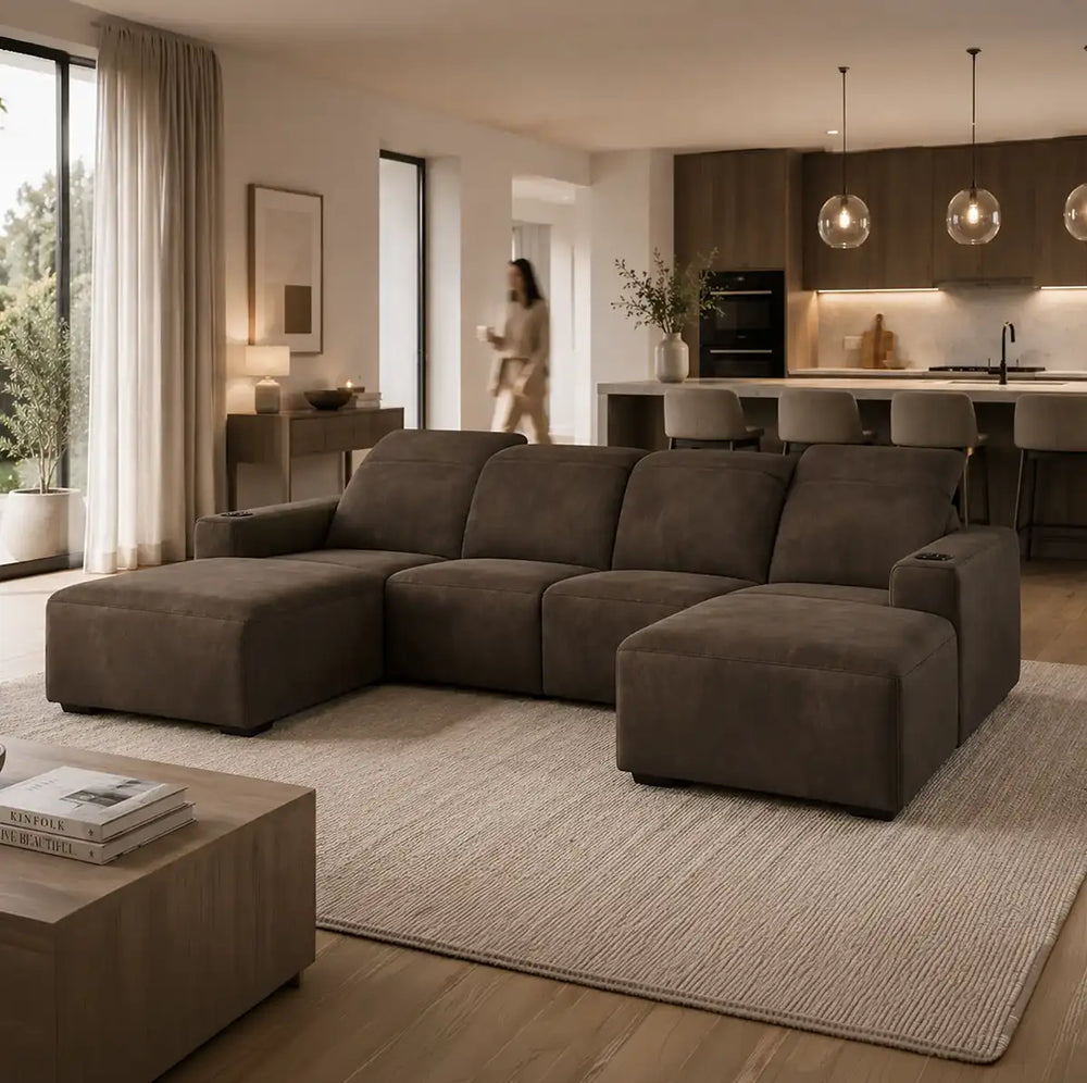 Kensington four-seat cinema recliner sofa with end chaise in Dark Chocolate velvet