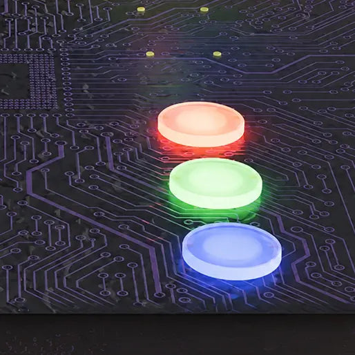 Red, green and blue LED chips illustrating CoB MicroLED display technology