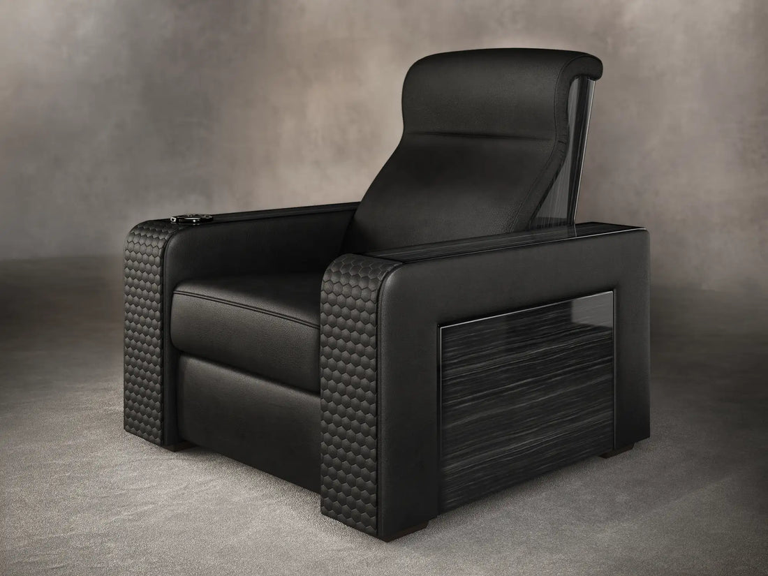 Knightsbridge single-seat cinema recliner in Black Dakota leather with premium panel upgrade