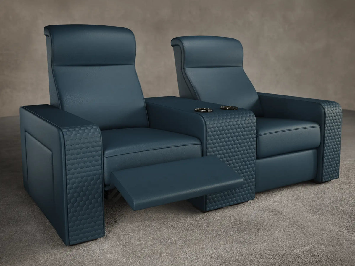 Knightsbridge row of 2 cinema recliners in Harbour Slate Dakota leather with centre console and hexagonal quilting on arm fronts
