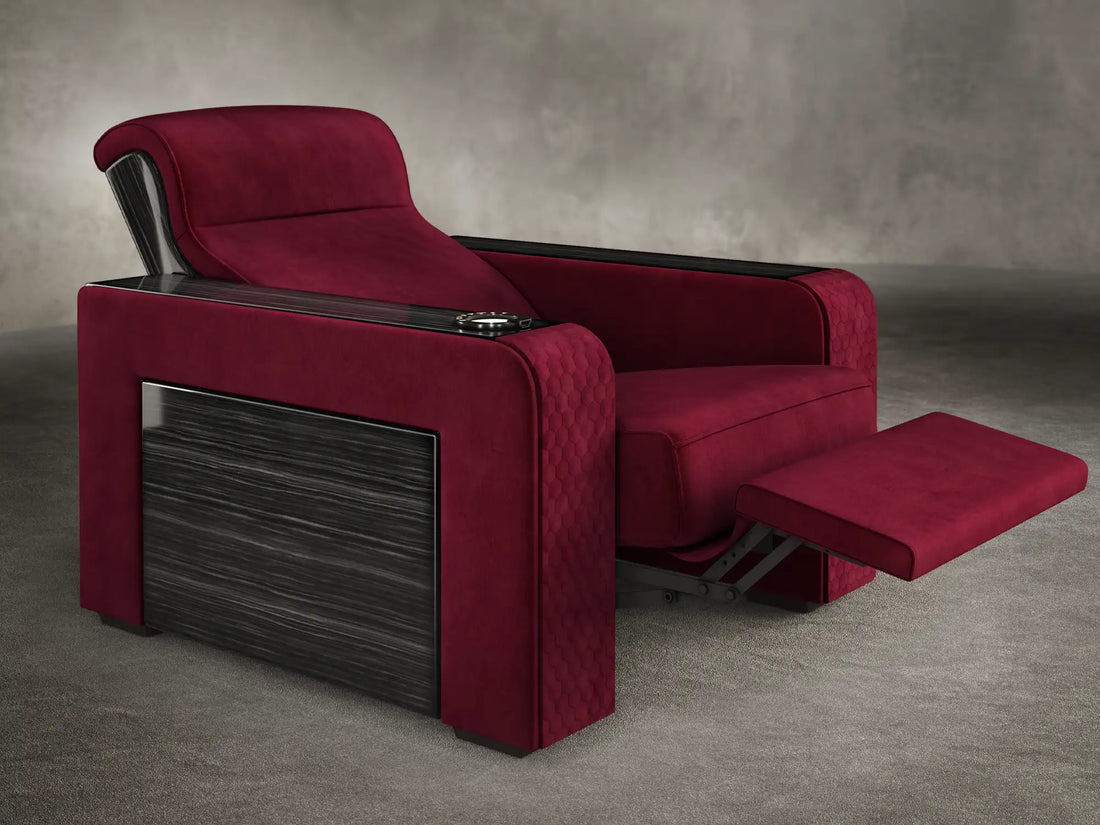 Knightsbridge single-seat cinema recliner in Claret velvet with premium panel upgrade
