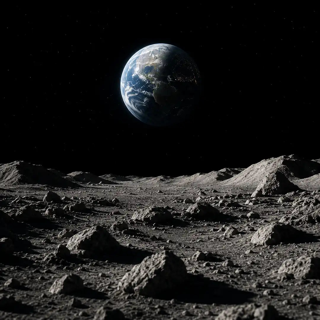 Earth viewed above the lunar surface, illustrating black levels and contrast in a MicroLED and projection comparison