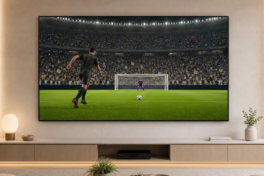 136-inch Cinema Deco MicroWall COB LED screen displaying a football penalty kick in a contemporary games room.