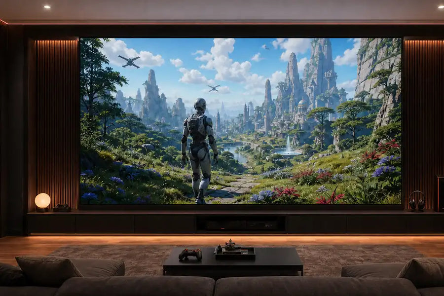 163-inch Cinema Deco MicroWall COB LED screen displaying a futuristic fantasy game in a luxury games room.
