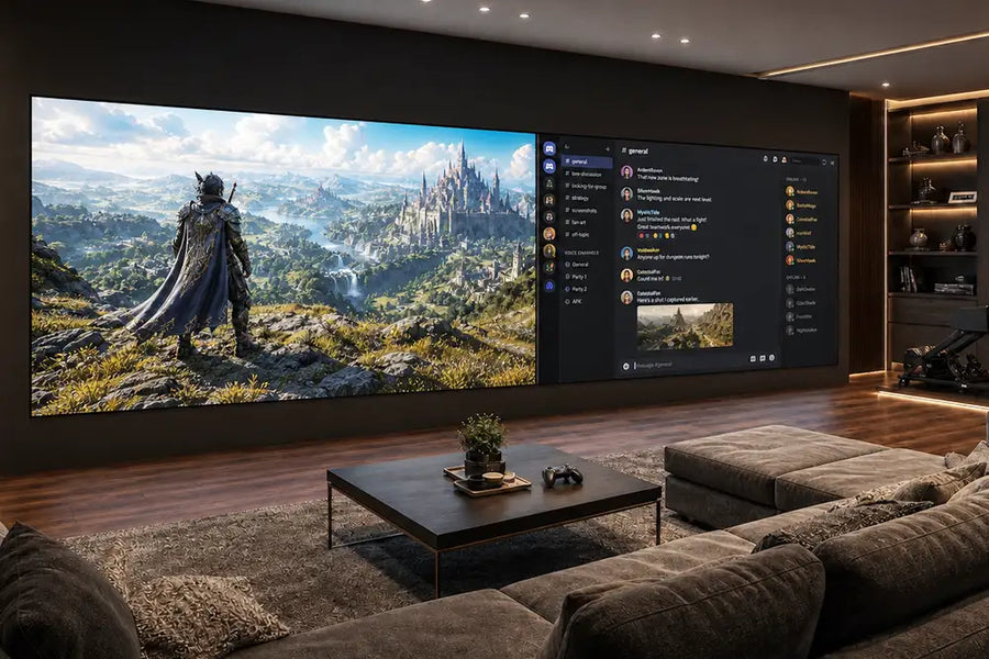 178-inch Cinema Deco MicroWall COB LED display showing a fantasy game and group chat side by side in a luxury games room.