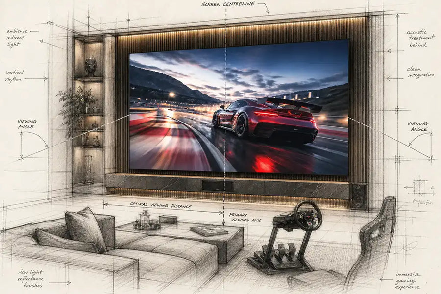 Bespoke games room design sketch featuring a Cinema Deco MicroWall COB LED screen, racing simulator and annotated viewing and lighting details.