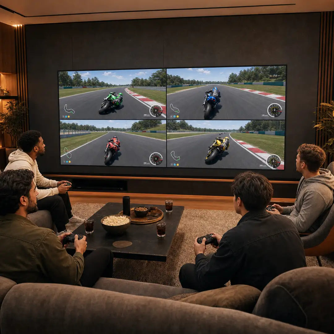 Four friends playing a split-screen motorcycle racing game on a Cinema Deco MicroWall COB LED display in a luxury games room.