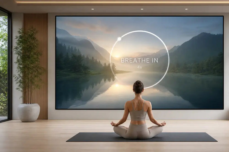 Woman meditating before a 136-inch Cinema Deco MicroWall COB LED screen displaying a guided breathing exercise in a modern garden room.