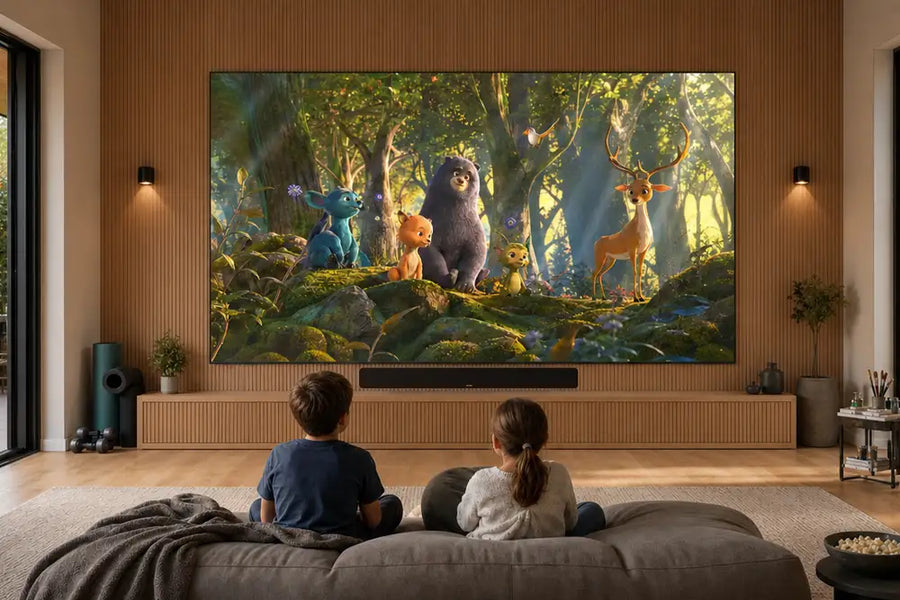 Two children watching an animated woodland film on a 163-inch Cinema Deco MicroWall COB