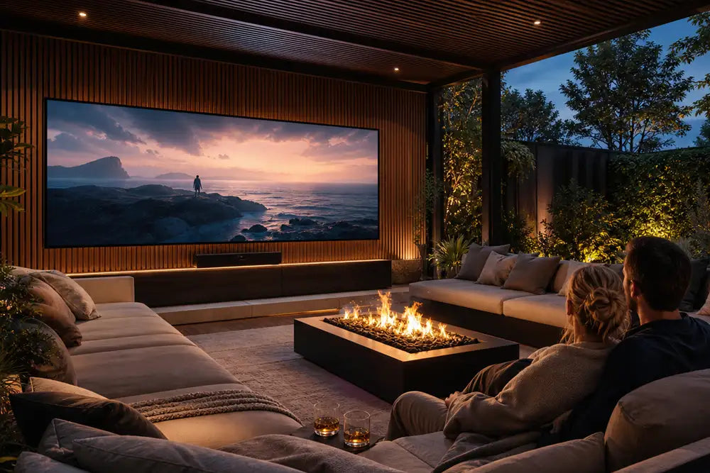 Couple watching a film on a 178-inch Cinema Deco MicroWall COB LED screen in a luxurious garden room with a central fire pit.