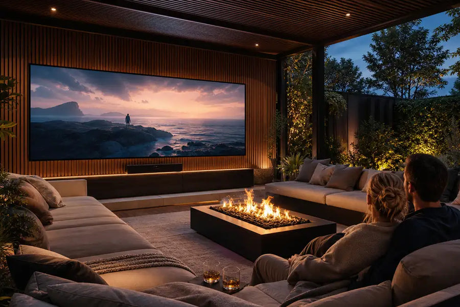 Couple watching a film on a 178-inch Cinema Deco MicroWall COB LED screen in a luxurious garden room with a central fire pit.
