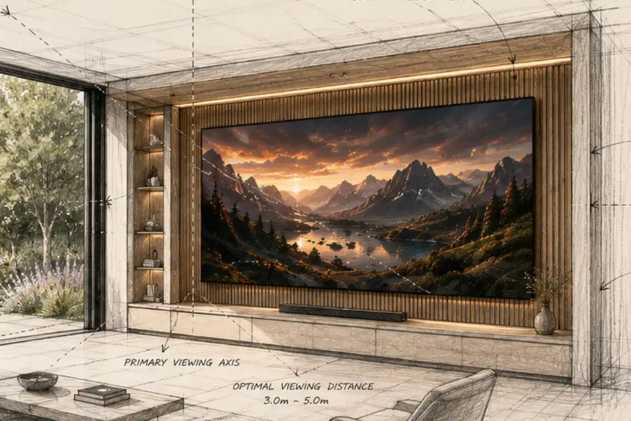 Cinema Deco bespoke MicroWall CoB MicroLED display in a luxury garden-room media space with viewing-distance annotations