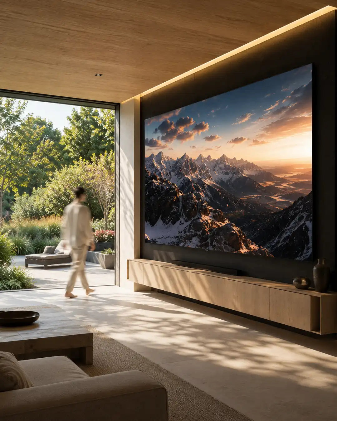 Cinema Deco MicroWall CoB MicroLED display in a bright bespoke garden room overlooking a landscaped terrace