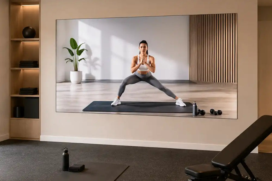 Cinema Deco 136-inch MicroWall CoB MicroLED display showing a guided exercise class in a bespoke home gym