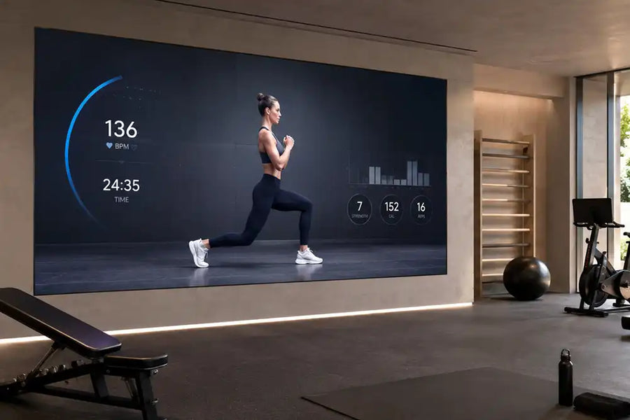 Cinema Deco 163-inch MicroWall CoB MicroLED display showing a guided workout in a bespoke luxury home gym