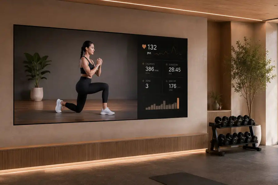 Cinema Deco 178-inch MicroWall CoB MicroLED display showing a guided strength workout in a bespoke luxury home gym