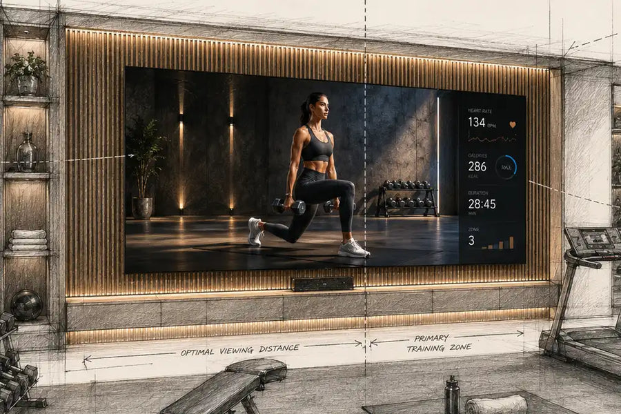 Cinema Deco bespoke MicroWall CoB MicroLED home-gym design showing optimal viewing distance and primary training zone