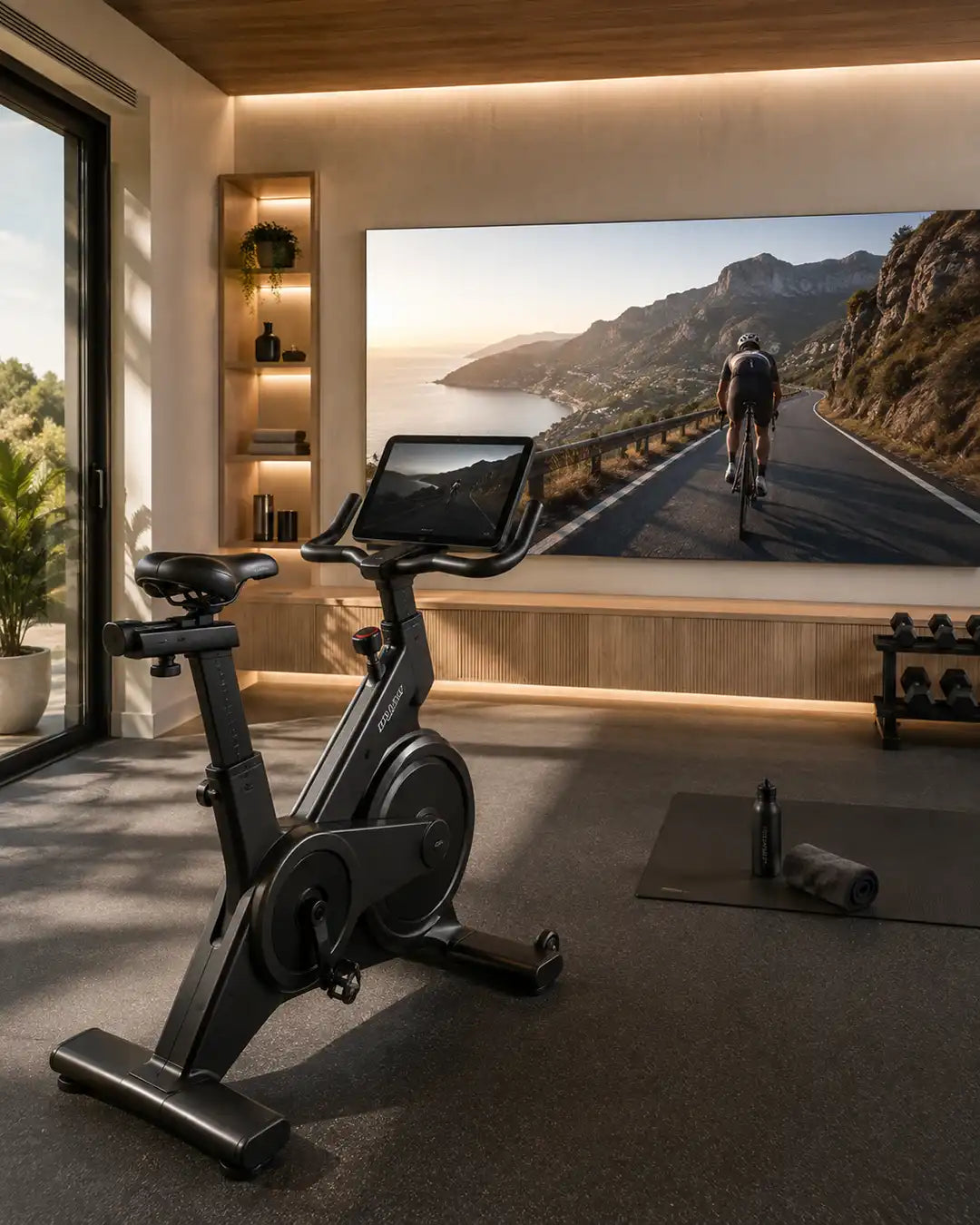 Cinema Deco MicroWall CoB MicroLED display showing an immersive cycling workout in a luxury home gym