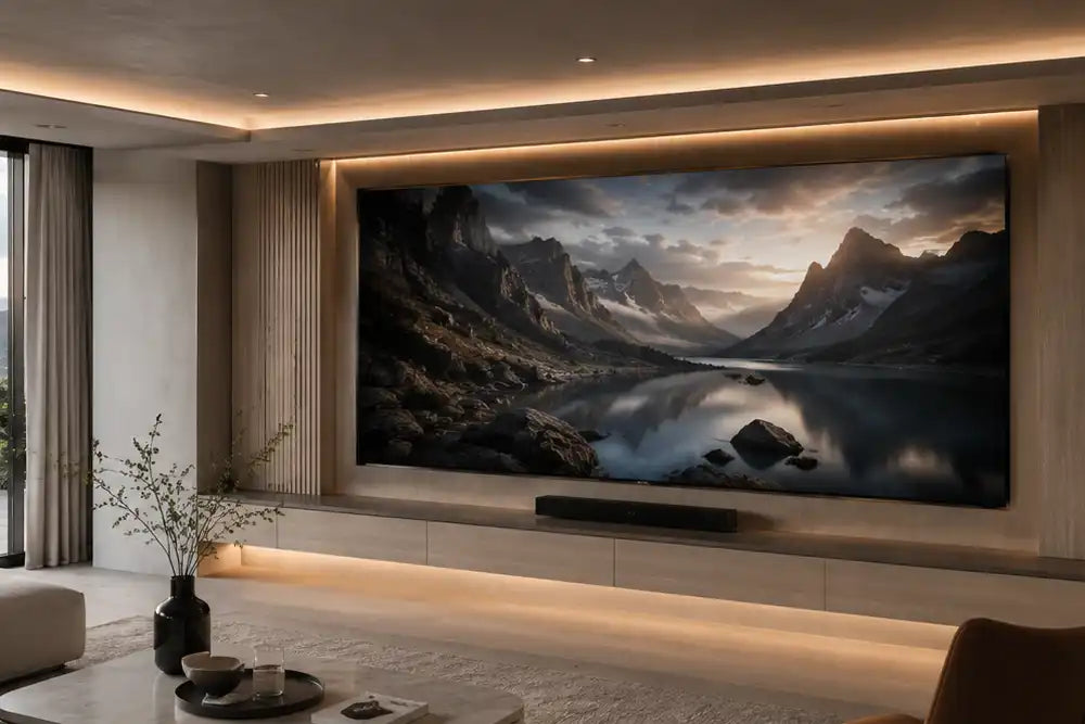 Cinema Deco 136-inch MicroWall CoB MicroLED display integrated into a contemporary luxury home media room