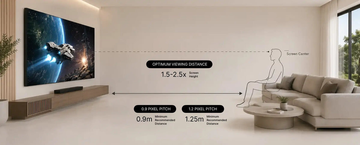 Cinema Deco MicroWall CoB MicroLED optimum viewing distance guide comparing 0.9mm and 1.2mm pixel-pitch screens.