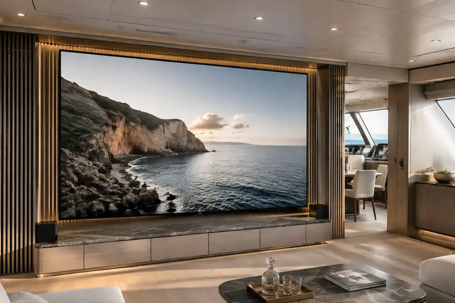 Recommended alt text:
Cinema Deco 136-inch MicroWall CoB MicroLED display integrated into a contemporary superyacht lounge