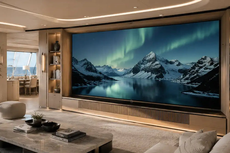 Cinema Deco 163-inch MicroWall CoB MicroLED display showing the northern lights in a luxury superyacht lounge