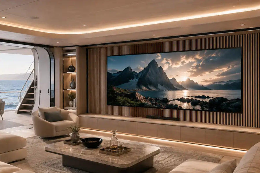 Cinema Deco 178-inch MicroWall CoB MicroLED display integrated into a bespoke luxury superyacht lounge