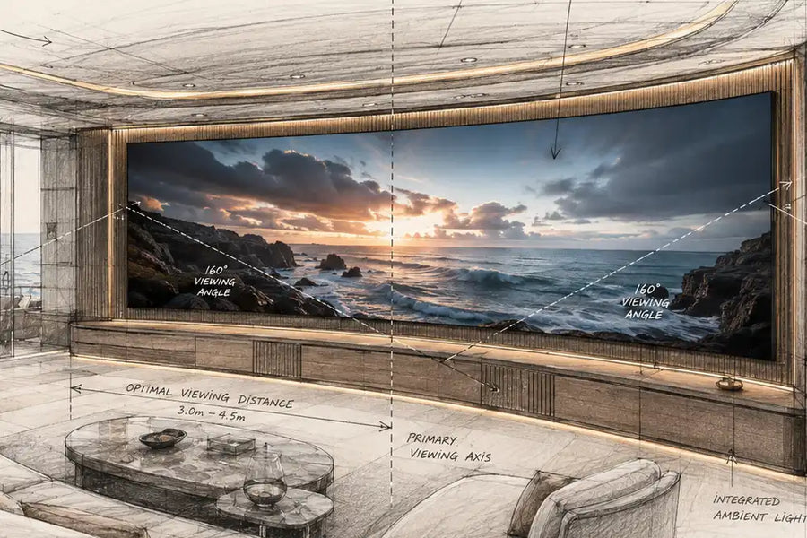 Cinema Deco bespoke MicroWall CoB MicroLED superyacht installation showing viewing distance, viewing angle and primary viewing axis