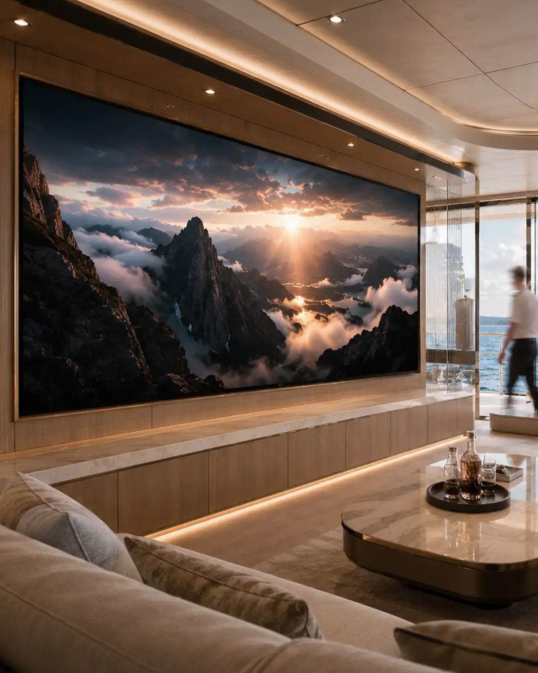 Cinema Deco MicroWall CoB MicroLED display integrated into the luxury interior of a bespoke superyacht