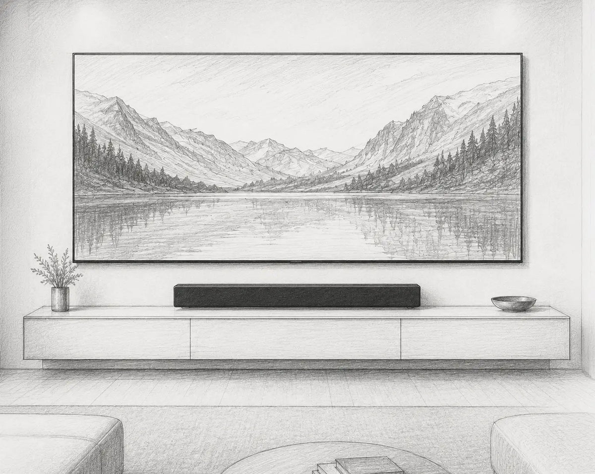Cinema Deco MicroWall CoB MicroLED display with integrated soundbar in a contemporary home media room.