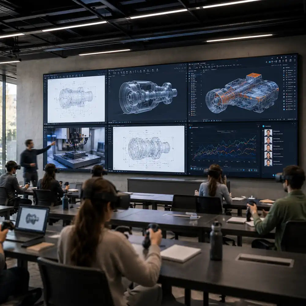 Cinema Deco MicroWall display used for immersive engineering education, showing 3D CAD models to students wearing VR headsets.