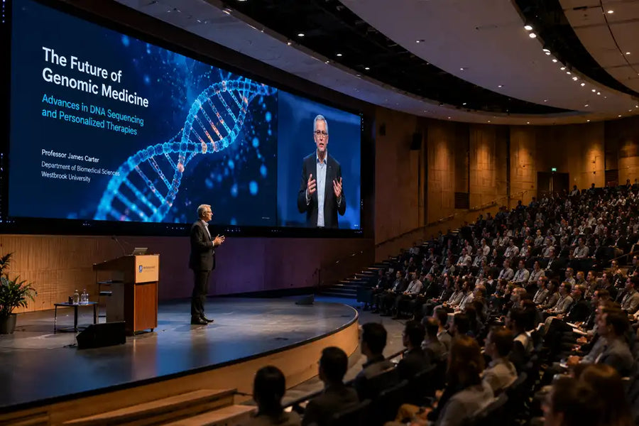 Large-format commercial MicroLED display in a university auditorium showing a keynote presentation to a large audience.