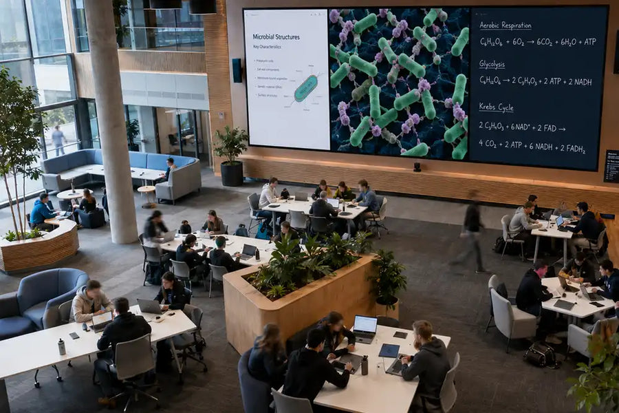 Large-format MicroLED display in a university collaborative learning space showing educational content to students.