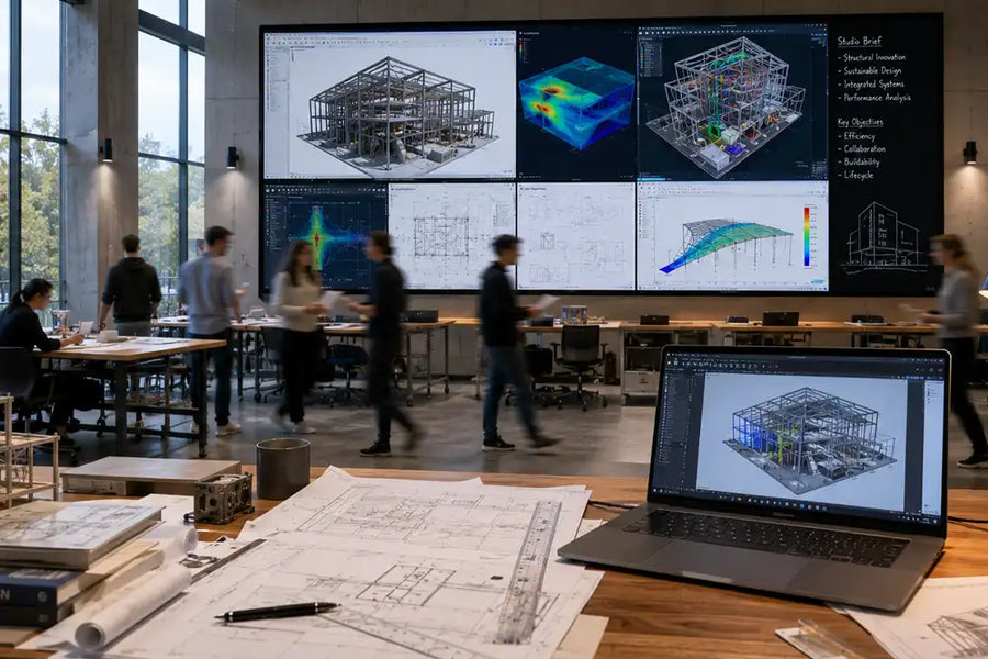 Large-format commercial MicroLED display in an engineering design studio showing architectural models, structural analysis and CAD content.