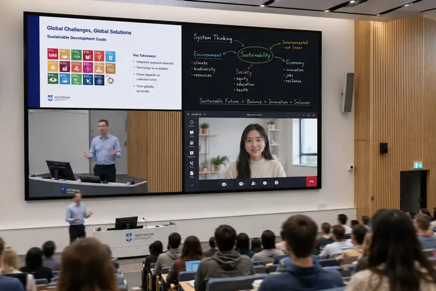 Large-format commercial MicroLED display in a university lecture theatre showing presentation content, lecturer video and remote learning.