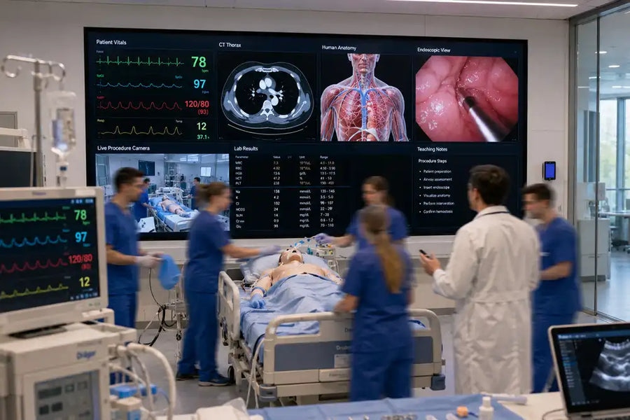 Large-format commercial MicroLED display in a medical simulation centre showing patient monitoring, medical imaging and clinical training content.