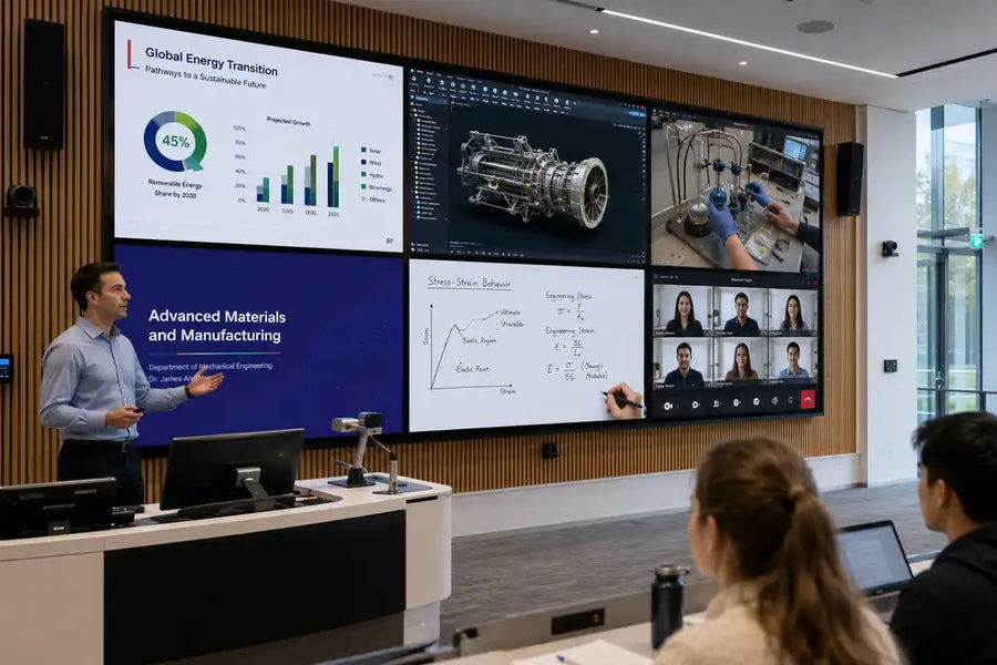 Commercial MicroLED display in a university teaching space showing multiple presentation, video conferencing and technical content sources.
