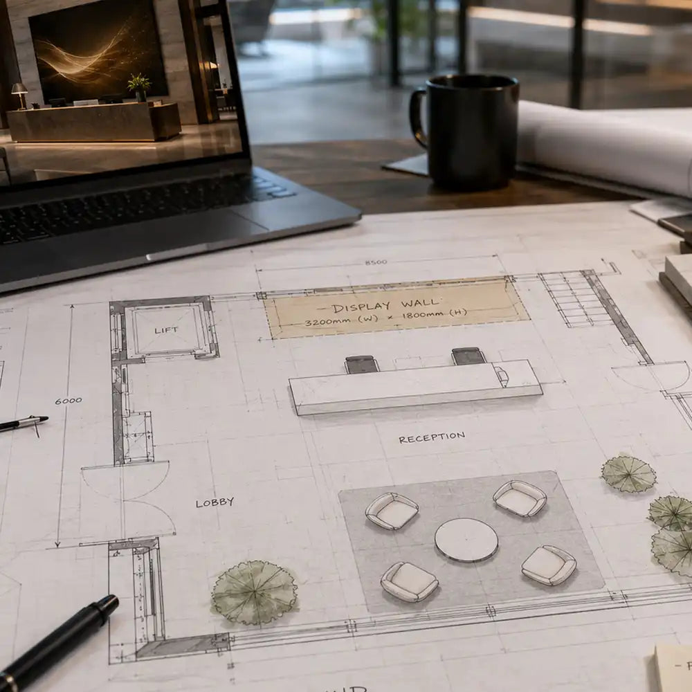 Architectural plans for a bespoke commercial MicroLED reception display, showing screen placement within a corporate lobby design.