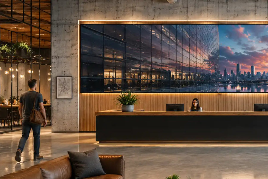 Large-format commercial MicroLED display integrated into a modern commercial development reception and lobby space.